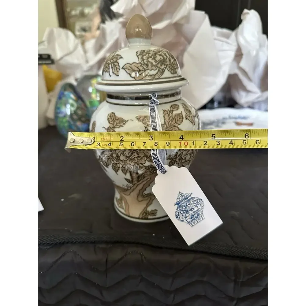 Galt International Brown Floral Ceramic Ginger Temple Jar 8” Tall Vase Lid NWT